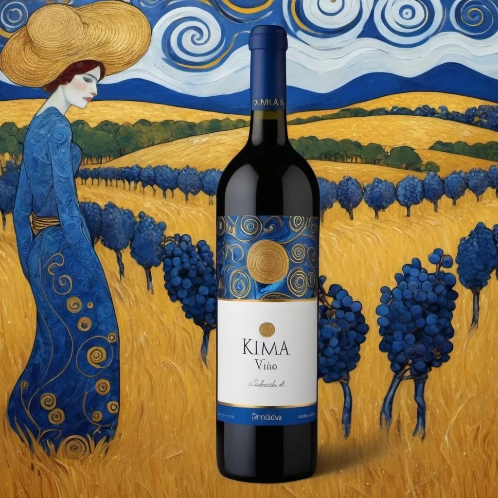 Prompt: Crear una etiqueta de vino al estilo Klimt que tenga azules y dorados. Que el vino se llame Azul Pampas