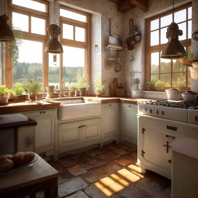 Prompt: farmhouse kitchen with photorealistic renaissance artstyle, warm and comfortable mood, idealic, beautiful views, big windows, bread baking, white kitchen sink, light beiges, plants, soothing, detailed, high quality, renaissance, photorealism, farmhouse, comfortable mood, idealic, bread baking, calming, beautiful views, big windows, white kitchen sink, light beiges, plants, realistic lighting, 
Renaissance
Art period

