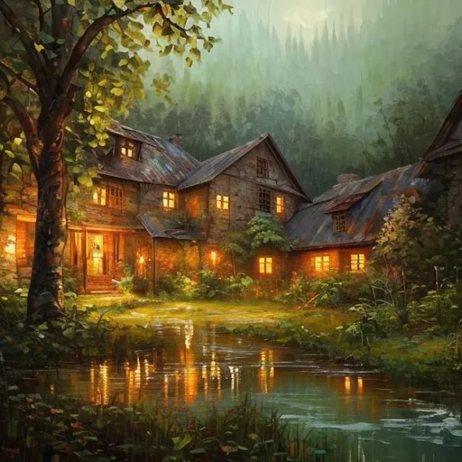 Prompt: Farmhouse in a lush forest clearing, rustic oil painting with earthy tones, vibrant garden surrounded by towering trees, detailed brushstrokes, high quality, oil painting, rustic, forest clearing, vibrant garden, earthy tones, detailed brushstrokes, rural charm, atmospheric lighting