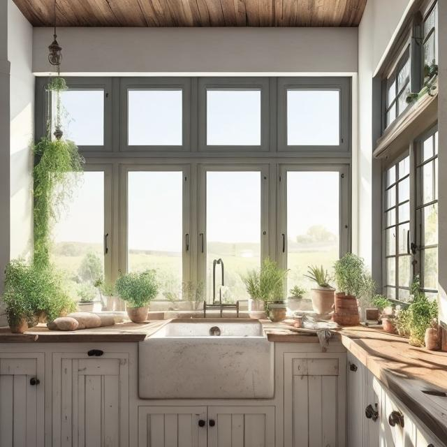 Prompt: farmhouse idealic, inside kitchen, bread, baking, photorealism,  comfortable moood, plants, white kitchen sink, big windows, light beiges, calming, soothing, beautiful views,