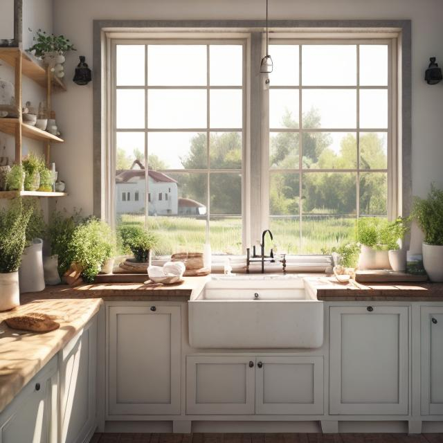 Prompt: farmhouse idealic, inside kitchen, bread, baking, photorealism,  comfortable moood, plants, white kitchen sink, big windows, light beiges, calming, soothing, beautiful views,