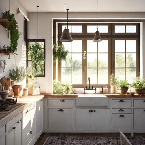 Prompt: farmhouse idealic, inside kitchen, bread, baking, photorealism,  comfortable moood, plants, white kitchen sink, big windows, light beiges, calming, soothing, beautiful views,