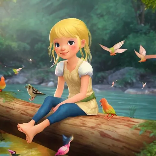 Prompt: a girl with blond hair sitting on a log in a forest with birds around her and a river behind her realsime