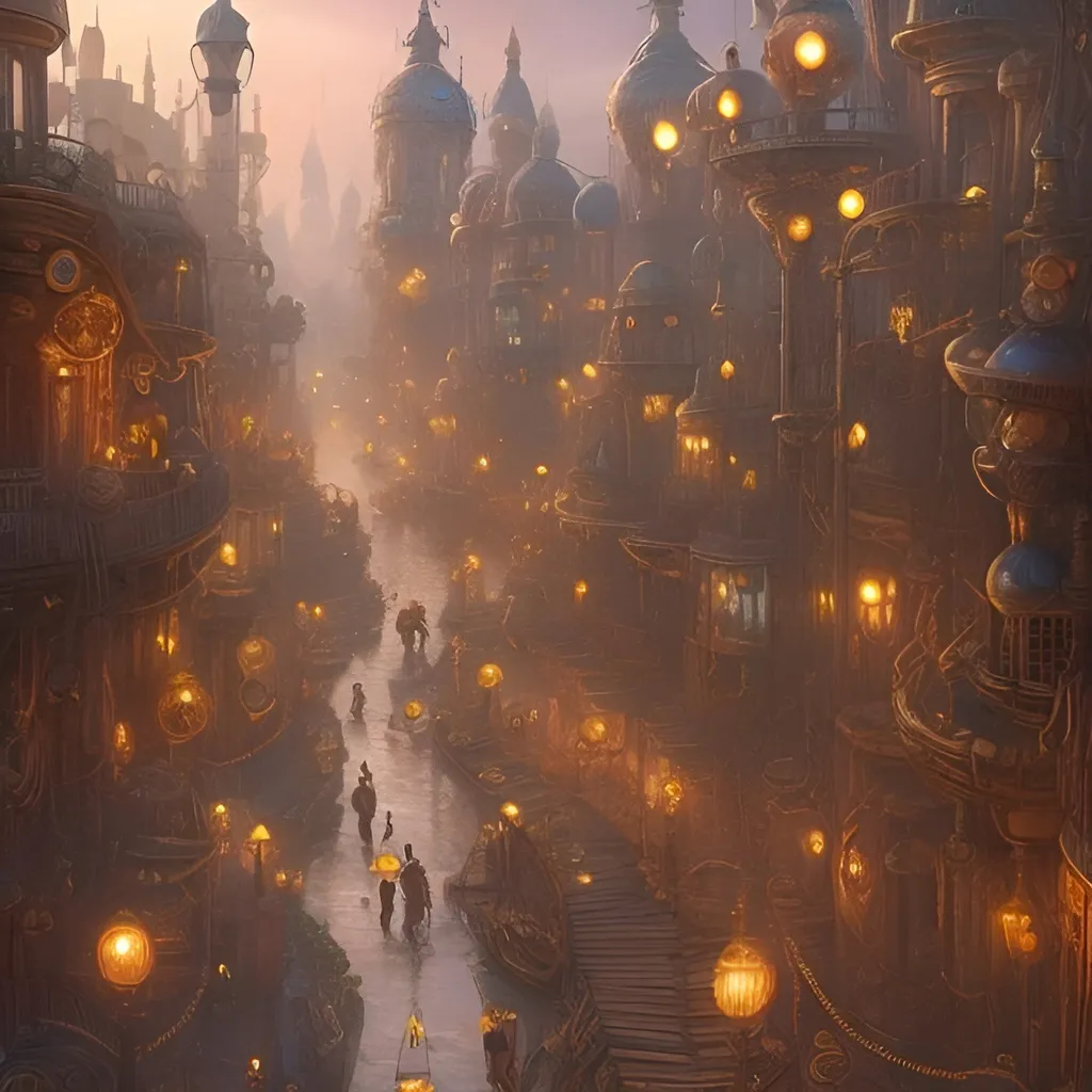 Prompt: A magical steampunk city similar to 7th century Baghdad with colorful piping across the land and mullahs and alchemists  walking in the streets 