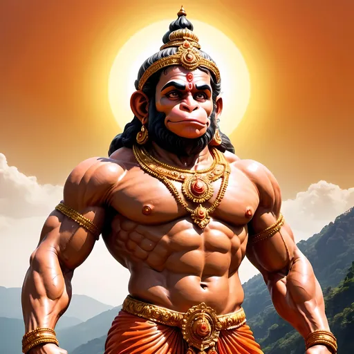 Prompt: Lord Hanuman with muscle look moving towards sun to eat sun