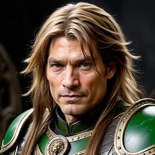 Prompt: nikolaj coster waldau as Lion El'Jonson from Warhammer 40k with long hair and green armor