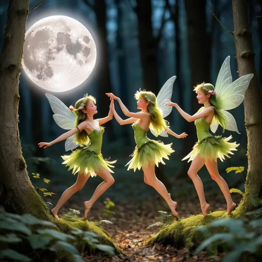 Prompt: Fairies dancing in the woods by full moon