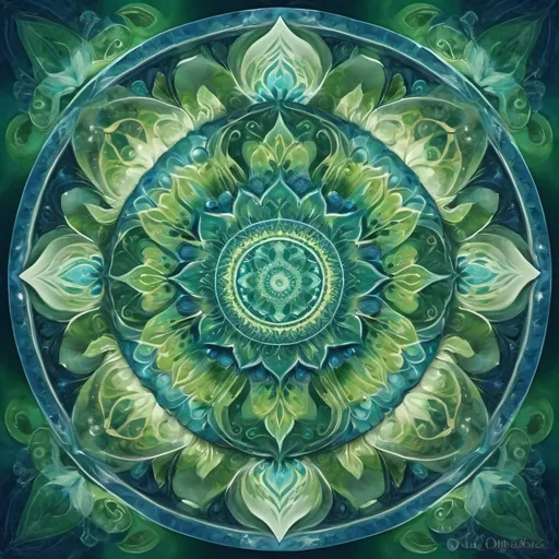 Prompt: (surrealism style), (dynamic mandalas), 4 mandalas in motion, vibrant shades of green and blue, intricate patterns swirling and undulating, ethereal background with soft, dream-like textures, harmonious blend of colors creating a magical atmosphere, feeling of tranquility and wonder, high quality, ultra-detailed.