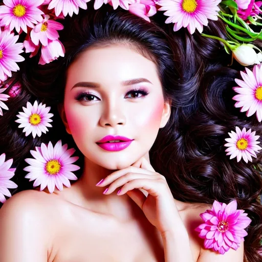 Prompt: <mymodel>a beautiful woman , lots of pretty pink flowers