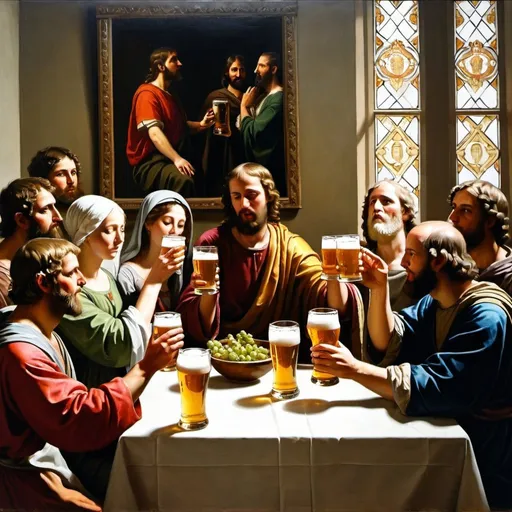 Prompt: Classical painting of people worshipping a beer glass