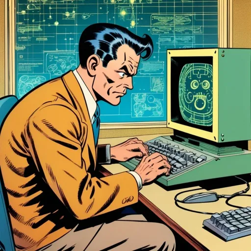 Prompt: A mad programmer sitting at a computer, in the style of Jack Kirby and Wally Wood, 1940s vintage comic, faded colors, adds artificial intelligence to everything