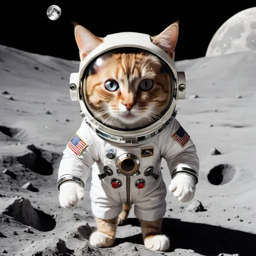 Prompt: a cat with a space suite exploring the lunar surface