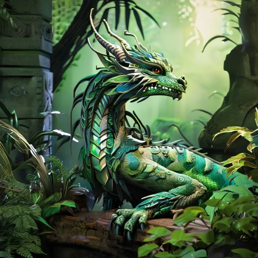 Prompt: Ancient forest dragon, traditional Asian art style, lush foliage, misty atmosphere, majestic creature, detailed scales and claws, mystical glow, high quality, intricate details, traditional, mystical, ancient, green tones, atmospheric lighting