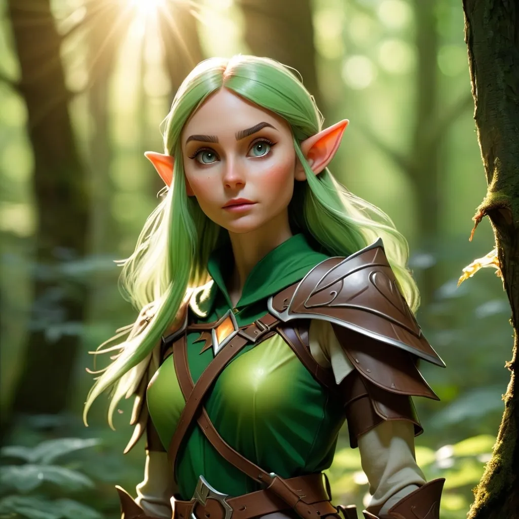 Prompt: Elf ranger in a mystical forest around sunlight