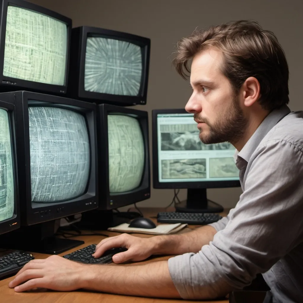 Prompt: An image of a 30 year old modern looking man looking at computer screen displaying very old graphics and forms
