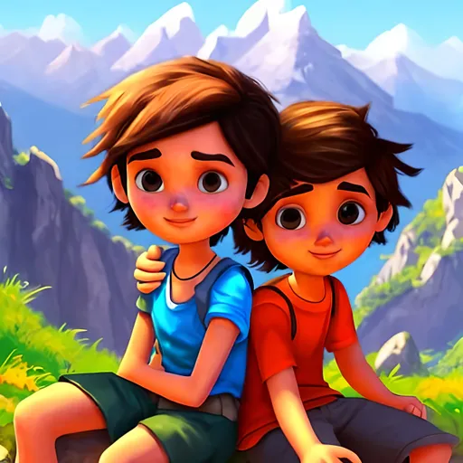 Prompt: A girl with her head on the boy's right shoulder and her left hand on the boy's left shoulder, both sitting on a mountainside with a valley at the bottom. The girl's name is Lara and the boy's name is Anas