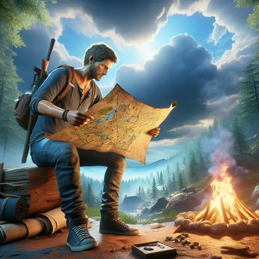 Prompt: A super realistic Minecraft-themed scene with vibrant, detailed graphics and physics similar to GTA V. The scene depicts the character, wearing a grey t-shirt, blue jeans, black sneakers, and a hairstyle like Steve from Minecraft, studying an old, detailed map given by an experienced traveler. The map shows various landmarks and paths leading to the hidden artifacts. The character is standing near a campfire, with the lush, detailed forest surrounding him. The sky is bright and clear, with realistic lighting and shadows, creating an immersive and focused atmosphere.