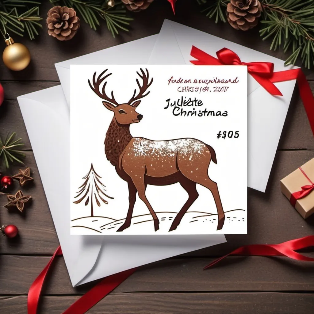 Prompt: Create an image design a gift card for christmas.  The recepients are Juliette and Christian.  Write the invitation in French language to a restaurant in Bariloche named Stag for December 26th at 20:15