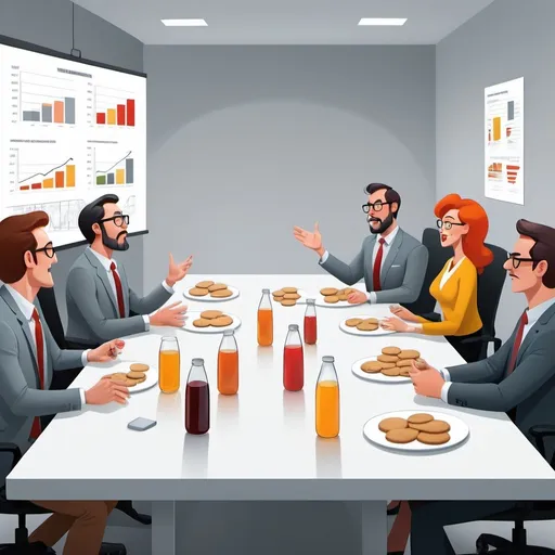 Prompt: (cartoon style), (stylized characters), meeting in a conference room, one person presenting charts, five participants at a table, exchanging suspicious glances, central table with bottled apple juices, cookies, and wafers, (Jasio Fasola style), shades of gray, lively expressions, humorous atmosphere, simplistic yet engaging background, 2D illustration, vibrant dynamics of interaction, charmingly exaggerated features, high detail.