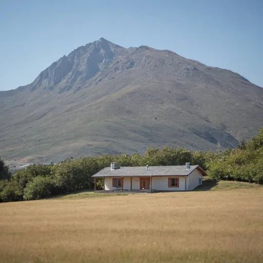 Prompt: a house with a low mountain view in the distance

