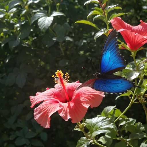 Prompt: un papillon aux ailes délicates et vibrantes de couleur bleu électrique, parsemées de motifs noirs et de petites touches de blanc. Ses ailes sont légèrement translucides, laissant passer la lumière du soleil qui éclaire doucement ses motifs détaillés. Le papillon est posé sur une fleur d'hibiscus éclatante, d'un rouge profond avec des pétales larges et ondulés. Le contraste entre le bleu du papillon et le rouge vif de la fleur crée une harmonie de couleurs saisissante. Le papillon bat doucement des ailes, capturant la lumière et créant un effet presque scintillant. Autour de la fleur, on peut apercevoir quelques gouttes de rosée qui scintillent comme des diamants sous le soleil du matin. C'est une scène paisible et pleine de vie, où la nature montre toute sa beauté et sa délicatesse.





