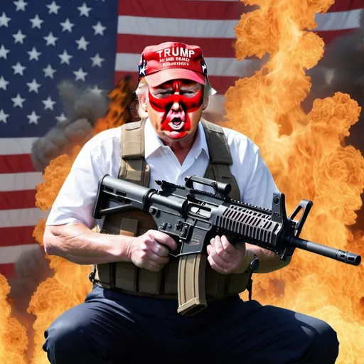 Prompt: Image of Donald Trump wearing an American flag bandana holding an m249 saw machine gun wearing no shirt with a background of fire tornados in an action pose