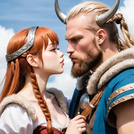 Prompt: Anime viking man, anime girl right beside him, kissing