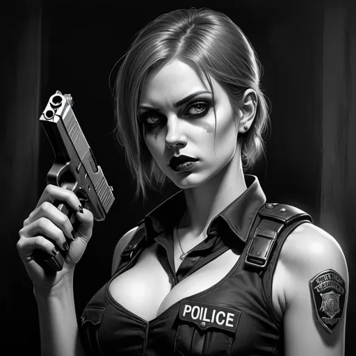 Prompt: Misc-Gothic illustration of a powerful police girl, with out clothes, holding a Glock 19, dark and eerie atmosphere, detailed facial features, intense and commanding gaze, graphite pencil drawing, high contrast, dramatic lighting, grayscale, ultra-detailed, professional, atmospheric lighting