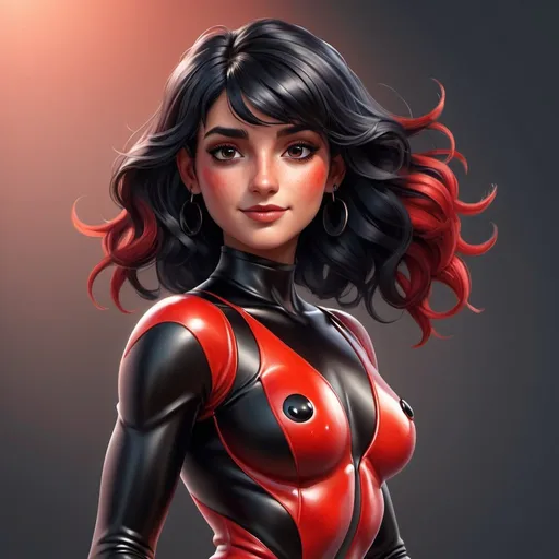 Prompt: Realistic full-body illustration of a confident, standing Marinette Ladybug, smooth skin with natural details, radiant and lively expression, vibrant red and black color palette, dynamic lighting accentuating curves, high quality, ultra-detailed, realism, vibrant colors, dynamic lighting, confident pose, radiant skin, red and black palette, flowing hair, professional illustration