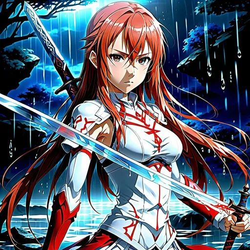 Prompt: Anime illustration of Asuna, full body, wet body, see-through pantiesh, intense gaze, high-quality, anime style, detailed eyes, sleek design, professional, atmospheric lighting, intense red and blue tones, fantasy setting, sword, wet hair, detailed skin texture, dead