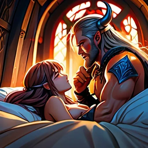 Prompt: Anime viking man, anime girl kissing, epic scenery, vibrant colors, detailed facial features, flowing hair, dramatic lighting, fantasy, highres, detailed, romantic, intense emotions, with out clothes, fantasy style, anime, full body, naughty pose in bed
