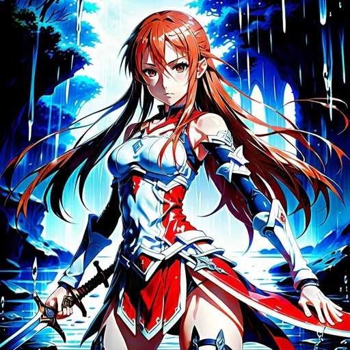 Prompt: Anime illustration of Asuna, full body, wet body, see-through pantiesh, intense gaze, high-quality, anime style, detailed eyes, sleek design, professional, atmospheric lighting, intense red and blue tones, fantasy setting, sword, wet hair, detailed skin texture, dead