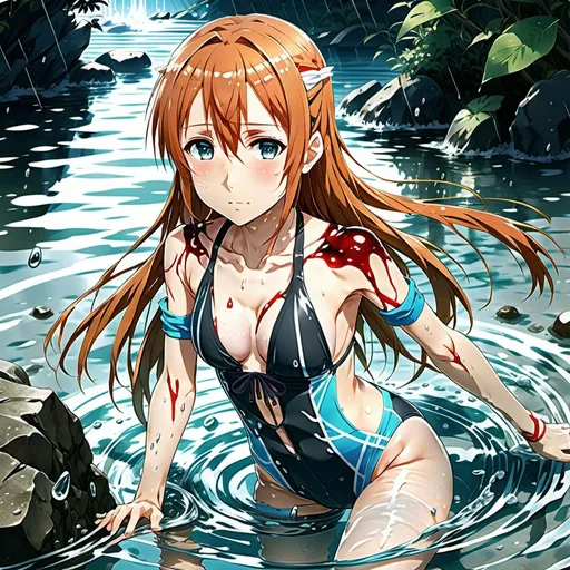 Prompt: Anime illustration of Asuna, full body, wet body, dead, in swimsuit