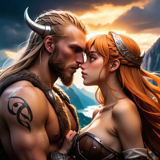 Prompt: Anime viking man, anime girl kissing, epic scenery, vibrant colors, detailed facial features, flowing hair, dramatic lighting, fantasy, highres, detailed, romantic, intense emotions, with out clothes, fantasy style, anime, full body, naughty pose