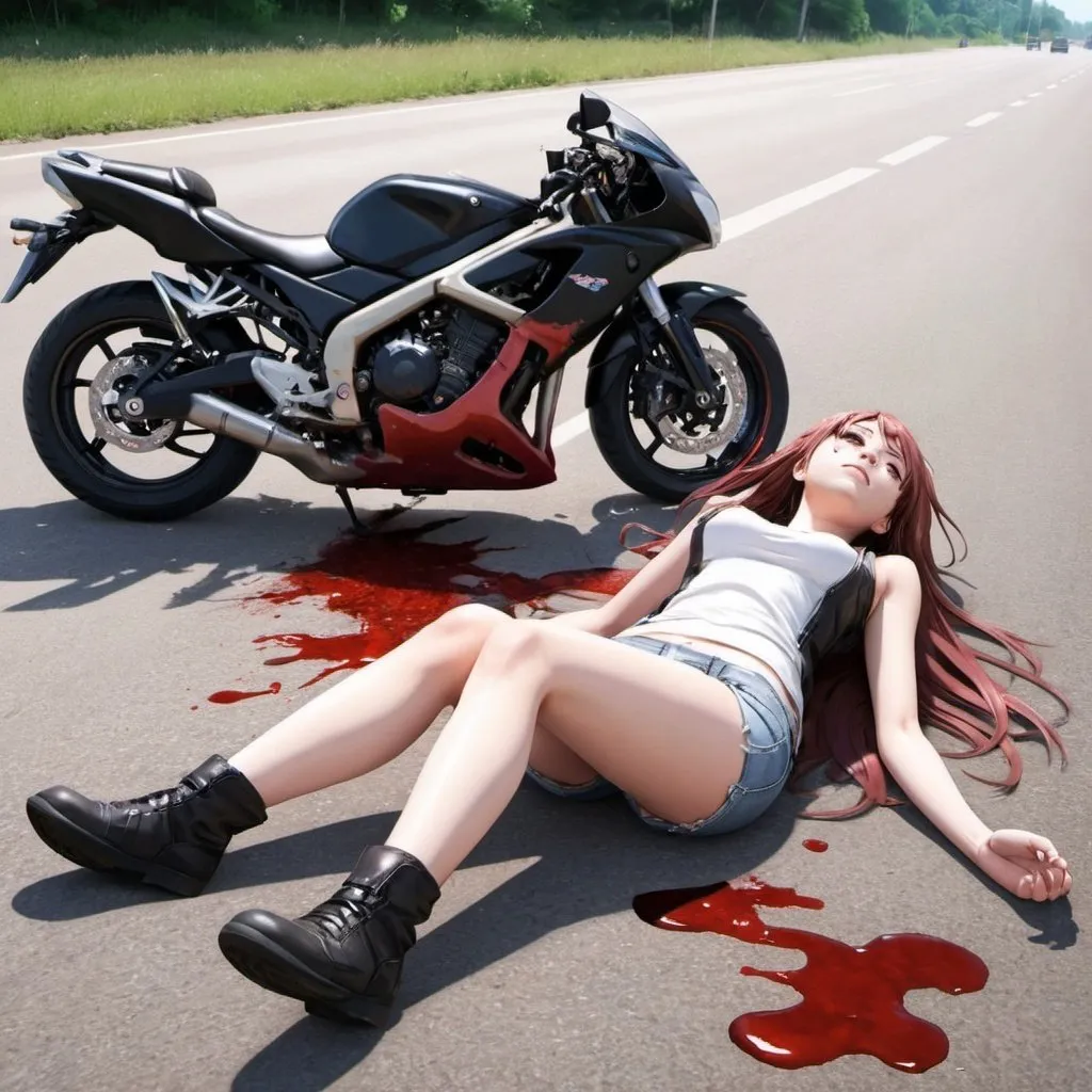 Prompt: my anime girlfriend in motorcycle crash, girl on the floor bleeding , motorcycle destroyed on the road
