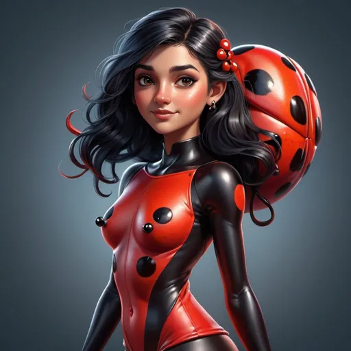 Prompt: Realistic full-body illustration of a confident, standing Marinette Ladybug, smooth skin with natural details, radiant and lively expression, vibrant red and black color palette, dynamic lighting accentuating curves, high quality, ultra-detailed, realism, vibrant colors, dynamic lighting, confident pose, radiant skin, red and black palette, flowing hair, professional illustration