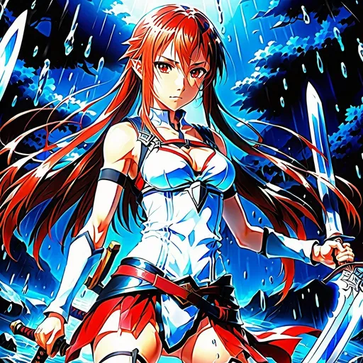 Prompt: Anime illustration of Asuna, full body, wet body, see-through pantie, intense gaze, high-quality, anime style, detailed eyes, sleek design, professional, atmospheric lighting, intense red and blue tones, fantasy setting, sword, wet hair, detailed skin texture