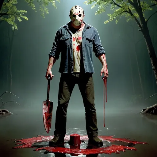 Prompt: jason from friday the 13 standing on a blood pudlle