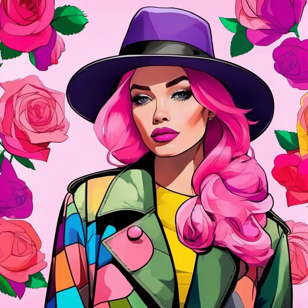 Prompt: woman wearing rainbow patchwork dress and a olive trenchcoat, wearing a bright pink fedora, pink hair, purple skin, comic book style pink style pink roses in hair 
pink roses bloom