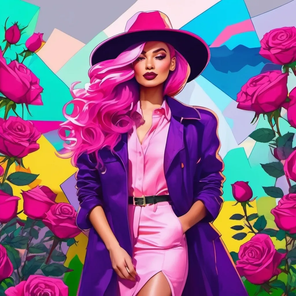 Prompt: woman wearing rainbow patchwork dress and a olive trenchcoat, wearing a bright pink fedora, pink hair, purple skin, comic book style pink style pink big fire roses in hair 
pink roses bloom