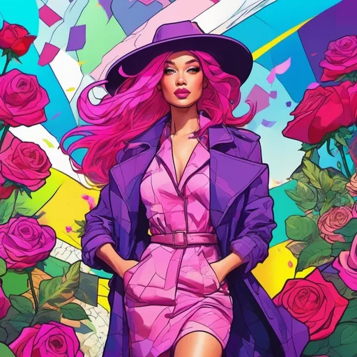 Prompt: woman wearing rainbow patchwork dress and a olive trenchcoat, wearing a bright pink fedora, pink hair, purple skin, comic book style pink style pink big fire roses in hair 
pink roses bloom