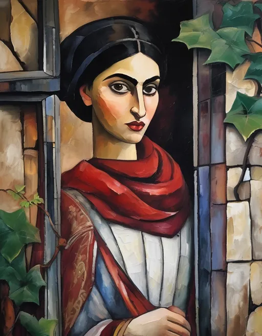 Prompt: a doe-eyed Armenian maiden with very thick eyebrows, full puffy lips, Modigliani-style oil painting standing near an old window with ivy