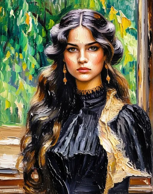 Prompt: create a Renoir-style contrasty impressionism oil painting with very thick visible impasto wall texture of a dark-haired princess with full eyebrows, long eyelashes, standing near an old window. Blurry background.