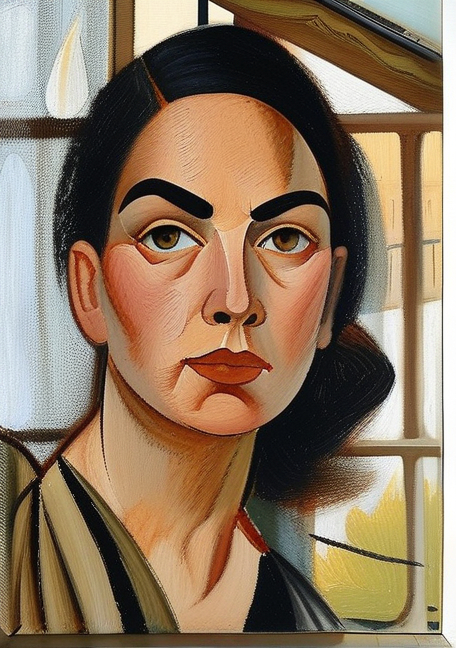 Prompt: beautiful maiden with very full bushy eyebrows, a very contrasty Modigliani-style impressionistic oil painting standing near an open window sill. Background is out of focus.