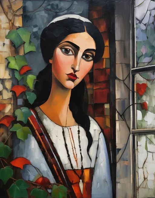 Prompt: a doe-eyed Armenian maiden with very thick eyebrows, full puffy lips, Modigliani-style oil painting standing near an old window with ivy