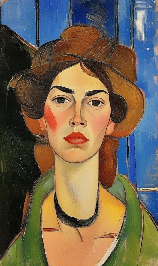 Prompt: An impressionistic oil painting portrait in the style of Modigliani with very visible brushstrokes of an extraordinarily beautiful maiden with thick eyebrows near an old open window. 