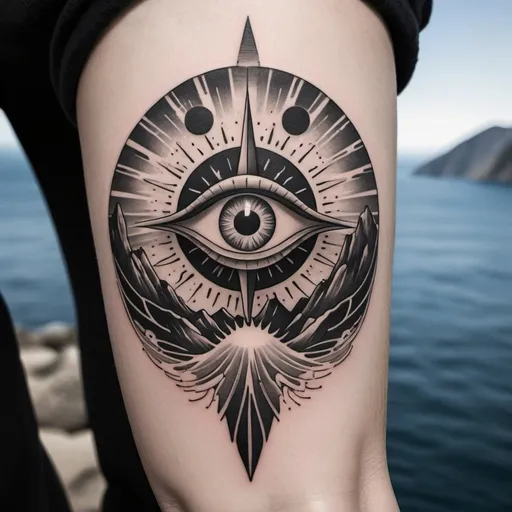 Prompt: all in black and white stylized tattoo of a scale with a sun and ocean and mountains in the background and on eye at the centre of the scale