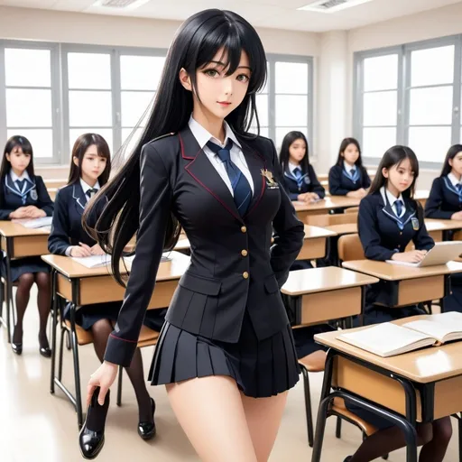 Prompt: anime, a mature female, teacher, graceful, very detailed, full-length shot, ultra-high quality, hourglass figure, tall, meticulously decorated classroom, elite school, delicate facial features, long straight hair, black hair cascades down to waist, black student uniform, leather shoes, stern, refinement, nobility