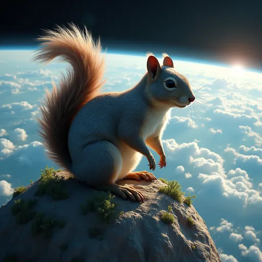 Prompt: A giant statue of a squirrel astride the world, as seen from space. Photorealistic.