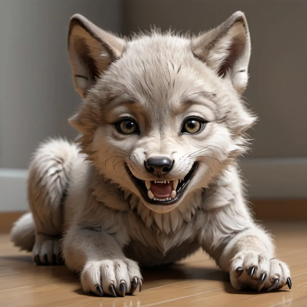 Prompt: A cute female wolf cub, with black eyes. she's rolling on the floor in a sweet and shy position, she's smiling and showing some teeth. in her forehead you can read the word "BEASTΨ". Photorealistic.